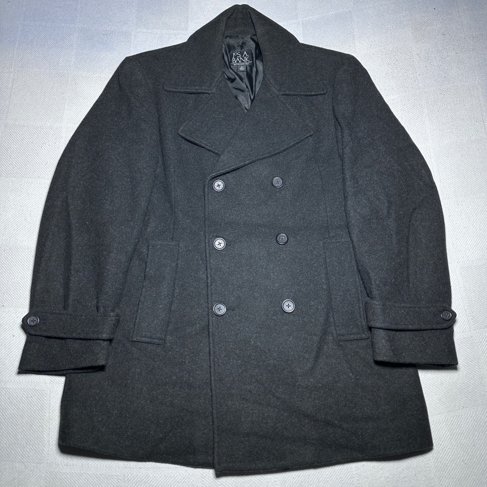 Jos A Bank Pea Coat Mens Large Reg. Wool Blend Double Breasted Charcoal Gray